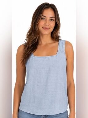 Tahari 100% Hemp Blue Square Neck Tank Lightweight Breathable Layer Sz M